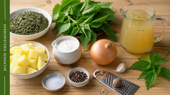 Ingrédients de la soupe veloutée à l’ortie BIO avec pommes de terre, bouillon, crème et ortie séchée - Herboristerie Sensathé Ingrédients de la soupe veloutée à l’ortie BIO avec pommes de terre, bouillon, crème et ortie séchée - Herboristerie Sensathé